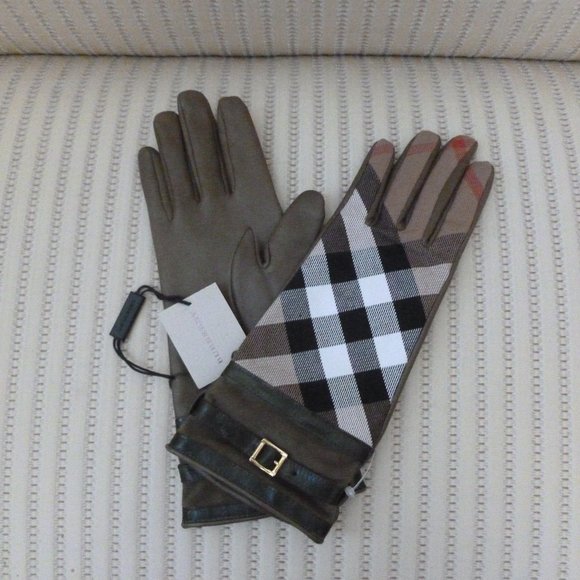 Burberry Accessories - Burberry Olive Green Leather and Nova Check Gloves